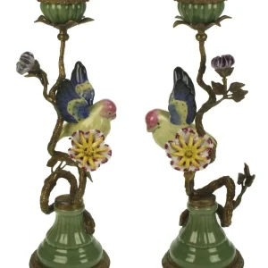 Candleholder Porcelain Brass Birds Multi Color