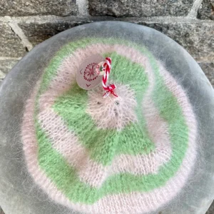 Mohair Beret, E.L. Design - Striped Very Light Pink And Green